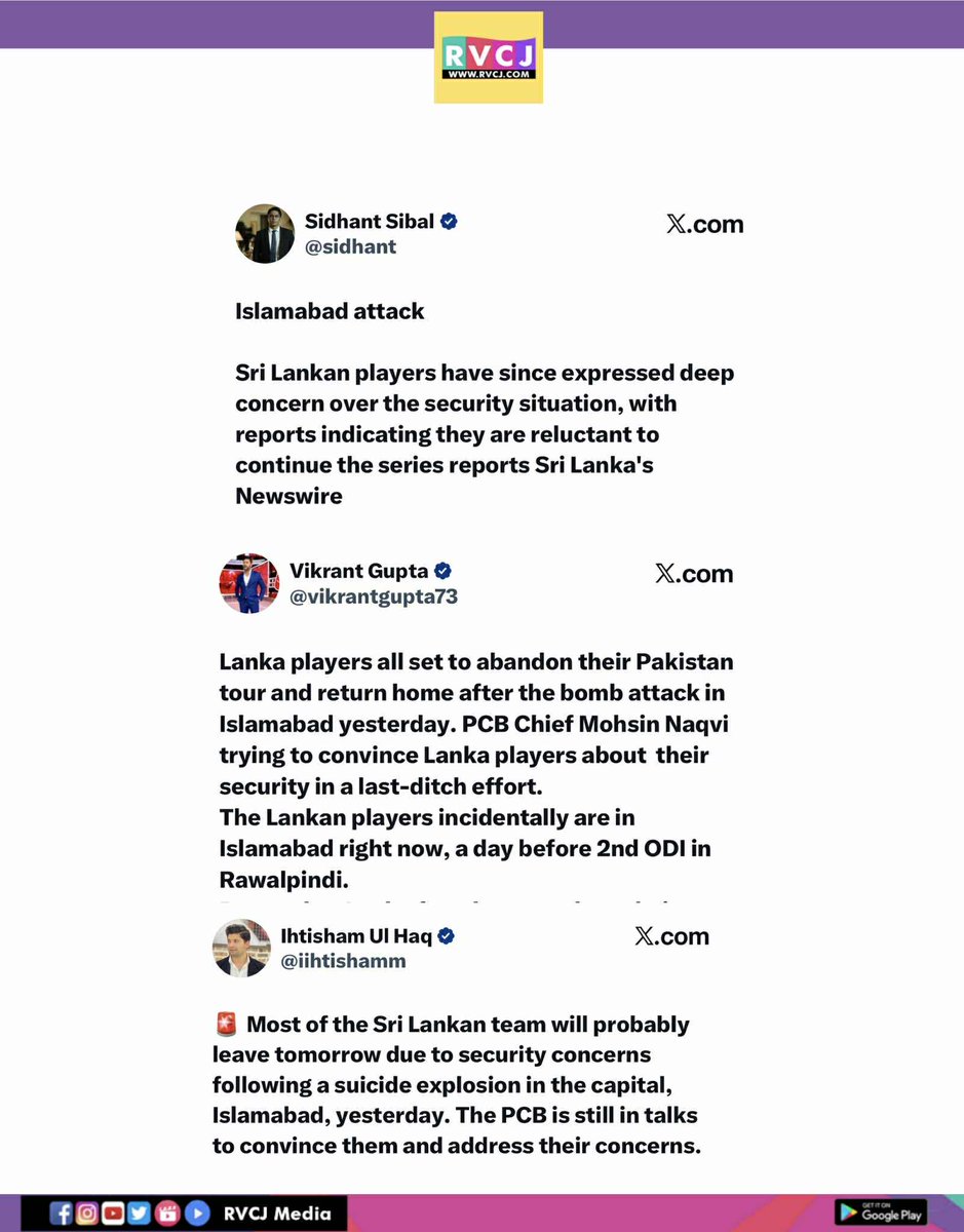 RVCJ_Sports's tweet image. Security fears in Pakistan prompt Sri Lankan players to reconsider ODI tour after Islamabad blast. Series in trouble—awaiting official update soon.

#SriLankaCricket #PakistanCricket #SecurityConcerns #IslamabadBlast #CricketNews #ODIseries #CancelODI #PlayerSafety #SportsUpdate
