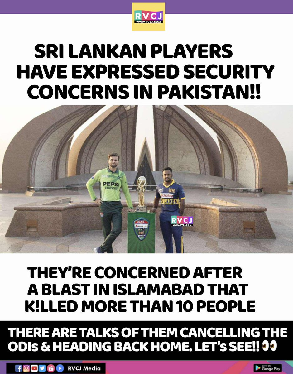 RVCJ_Sports's tweet image. Security fears in Pakistan prompt Sri Lankan players to reconsider ODI tour after Islamabad blast. Series in trouble—awaiting official update soon.

#SriLankaCricket #PakistanCricket #SecurityConcerns #IslamabadBlast #CricketNews #ODIseries #CancelODI #PlayerSafety #SportsUpdate