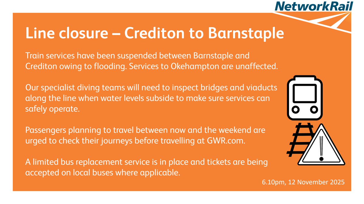 networkrailwest's tweet image. ⚠️The line between Barnstaple and Crediton is closed until further notice, owing to flooding.

📱Passengers are urged to check before travelling at GWR.com. 
 
 🚌A limited bus replacement service is in place. Ticket acceptance on local buses where applicable.