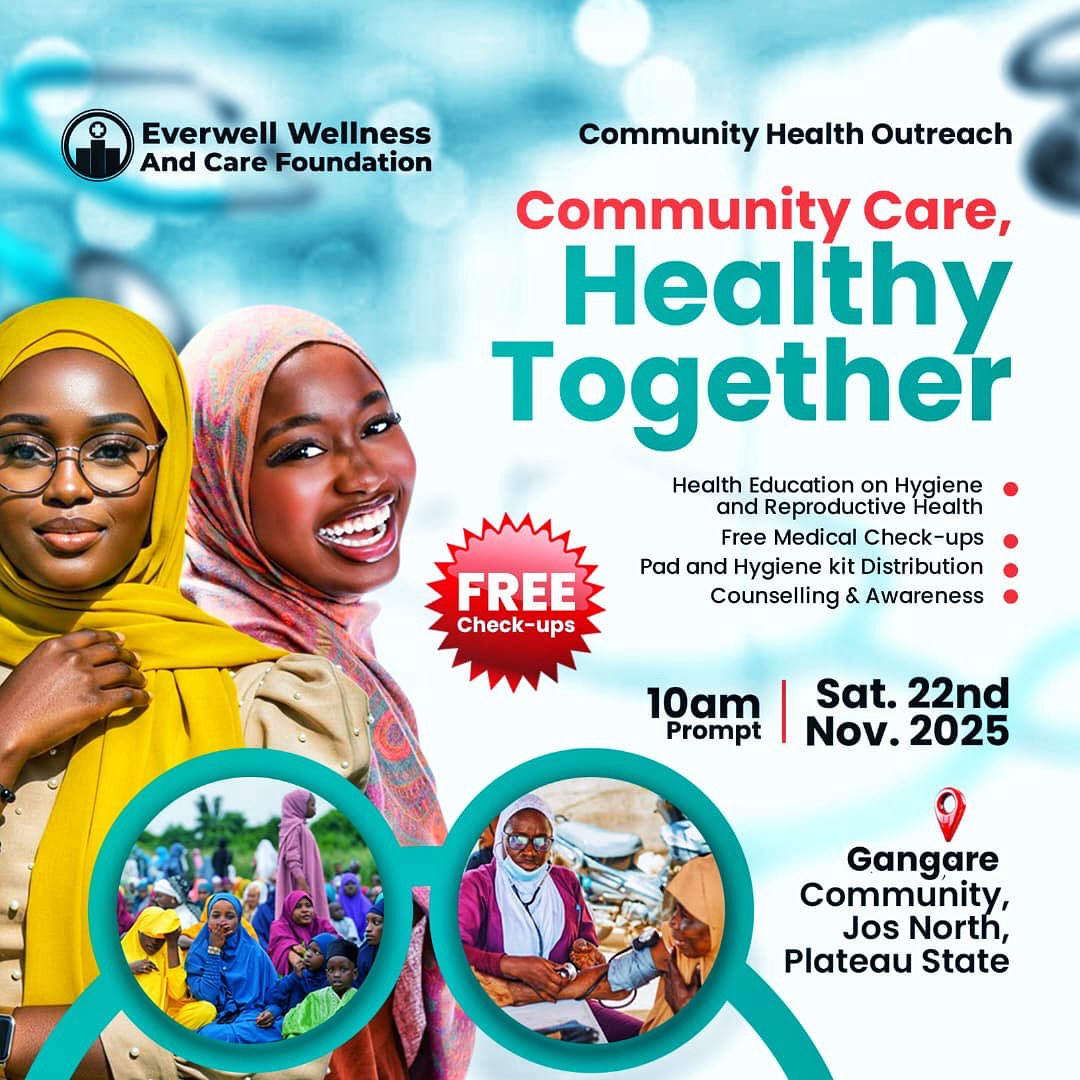 EverwellF's tweet photo. COMMUNITY CARE OUTREACH'25

Everwell Wellness and Care Foundation is excited to bring "Community Care, Healthy Together" to the people of Gengere Community, Jos North!

Join us for a day dedicated to health and well-being!
Here’s what you get for FREE:

✅ Healthy Education on https://t.co/VOYcMKQ8Z0