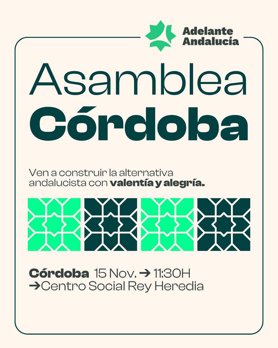 🔥 Adelante Andalucía Córdoba Capital crece y se organiza.
Cada día somos más las que creemos que otra Andalucía es posible: soberana, feminista y solidaria.
📣 Próxima Asamblea: seguimos construyendo desde los barrios y la calle, con la fuerza del pueblo andaluz