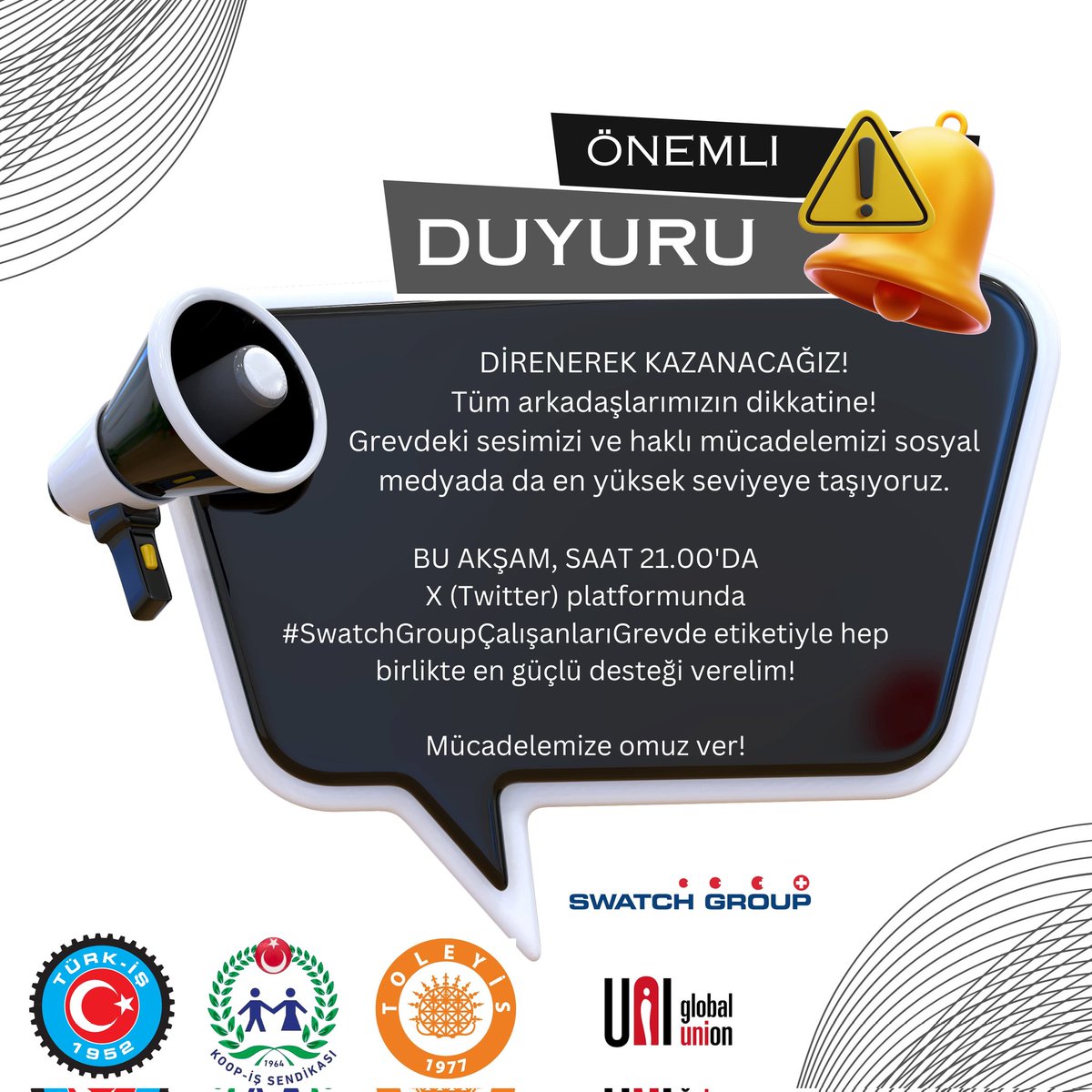 Alın teriyle, inançla, dayanışmayla yola çıktık.
Hakkımız olanı alıncaya kadar bu onurlu mücadeleden vazgeçmeyeceğiz!

⌚️ Emeğin zamanı geldi!

⏩️     #SwatchGroupÇalışanlarıGrevde    ⏪️

<a href="/Swatch/">Swatch</a> 
<a href="/swatchturkiye/">Swatch Türkiye</a> 
<a href="/SwatchINDIA/">Swatch India</a> 
<a href="/OmegaSwatch/">Swatch OMEGA ゲッター</a> 
<a href="/SwatchUK/">Swatch UK</a> 
<a href="/swatch_jp/">swatch_jp</a> 
<a href="/SwatchUS/">Swatch® US Official</a>