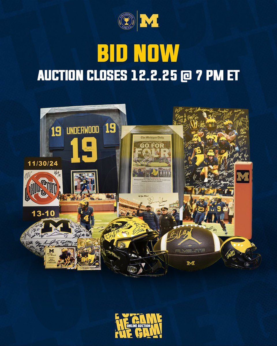 College football’s greatest rivalry is almost here〽️

Bid on exclusive memorabilia and experiences celebrating The Game, including VIP game day packages and items signed by members of the team!

Bid Now » bit.ly/3Xf6NJ9

<a href="/ChampCircleUofM/">Champions Circle</a>