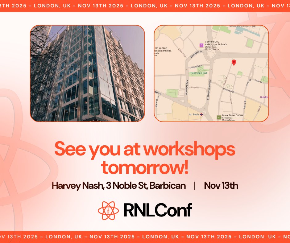 RNLConf's tweet image. See you all tomorrow! 👋

📍As a reminder, our workshops are being held at 3 Noble St, Barbican: maps.app.goo.gl/1X2BLEvpasAXmi…

📧 If you&apos;ve registered for workshops, you will have received an email with details and some prerequisites to make sure you&apos;re ready to go 🚀