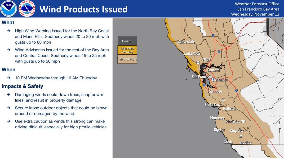 NWSBayArea's tweet photo. A High Wind Warning has been extended to include San Francisco and coastal San Mateo County, due to strong southerly winds gusting up to 50 to 60 mph from 10 PM tonight through 10 AM Thursday. Secure loose outdoor objects! Prepare for damaging winds!  #CAwx #BayAreaWX https://t.co/bWtc6aoSqN