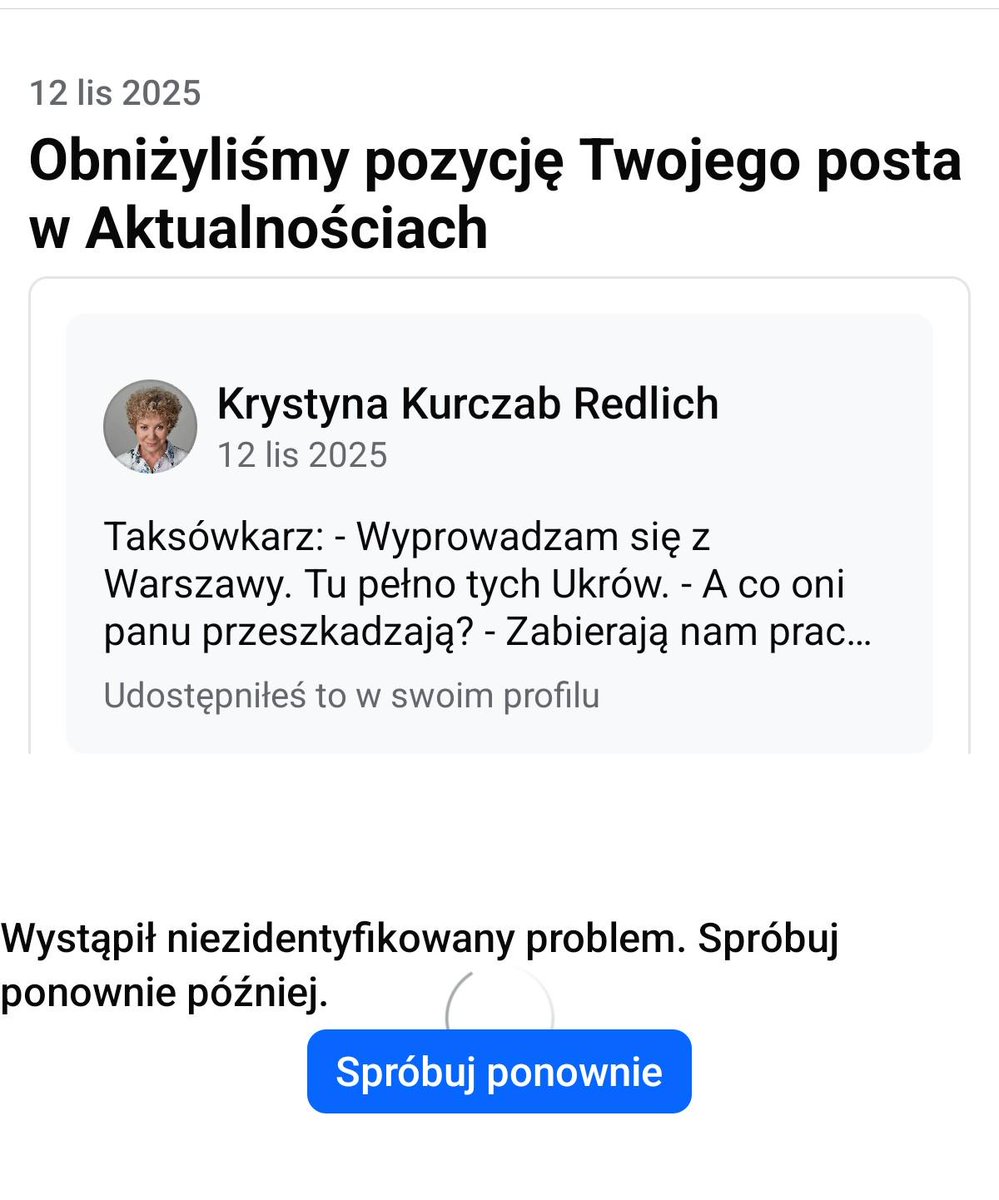 DomiGasiorowski's tweet image. Udostępniłem na FB post Krystyny Kurczab-Redlich dotyczący antyukraińkskiej dezinformacji. Chwilę potem otrzymałem komunikat, że widoczność postu została obniżona. Próba weryfikacji kończy się błędem. 

Tak to mniej więcej wygląda od początku wojny pełnoskalowej. Rosyjska…