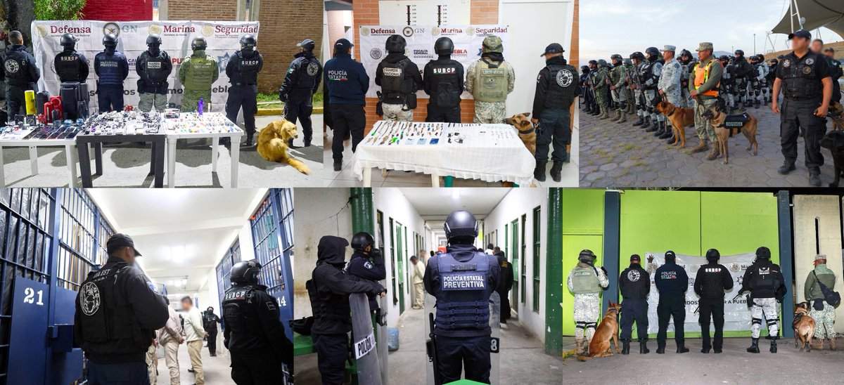 SSPGobPue's tweet photo. La Policía Estatal, en coordinación con la @SEMAR_mx, @Defensamx1 y la @GN_MEXICO_, implementó operativos simultáneos en los cinco centros penitenciarios del estado: Puebla, Tepexi de Rodríguez, Ciudad Serdán, Personas Adultas Mayores y Adolescentes .

Las acciones fortalecen la estrategia de seguridad penitenciaria, enfocada en mantener el orden, prevenir actos ilícitos y garantizar espacios seguros para la reinserción social.

Durante las revisiones se aseguraron objetos prohibidos y se reforzaron los mecanismos de vigilancia y control para impedir su ingreso.

El @Gob_Puebla mantiene la coordinación permanente con las fuerzas federales para fortalecer la seguridad dentro y fuera de los centros de reclusión.

➡️ Consulta los detalles: https://t.co/dTbU2exPWm