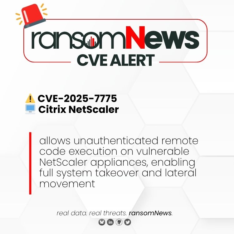 ransomnews's tweet image. ⚠️ CVE-2025-7775
🖥️ Citrix NetScaler ADC/Gateway memory overflow
💬 allows unauthenticated remote code execution on vulnerable NetScaler appliances, enabling full system takeover and lateral movement

🔗 cve.mitre.org/cgi-bin/cvenam…

#ransomNews #vulnerabilities #security #CVE