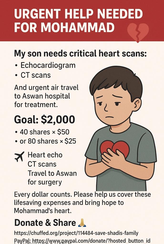 shadiradia's tweet photo. ⏳ Time is running out.
My 4-year-old son needs urgent heart surgery — and we can’t do it alone.
Please help us cover his treatment and share his story.
Your voice, your share, your donation can save his life
💳 https://t.co/SntwkvrGX7
#SaveMohammad #Gaza #HeartForMohammad #ActNow