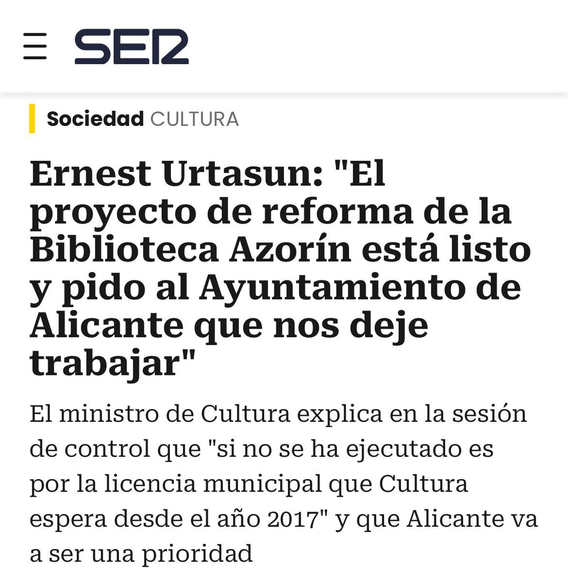 Barcala se queda sin excusas. 

El ministro de Cultura le saca los colores: el alcalde ha bloqueado durante siete años el proyecto del Gobierno Central para reformar la Biblioteca Azorín de #Alicante

Exigimos que deje de poner trabas y permita ejecutar las obras