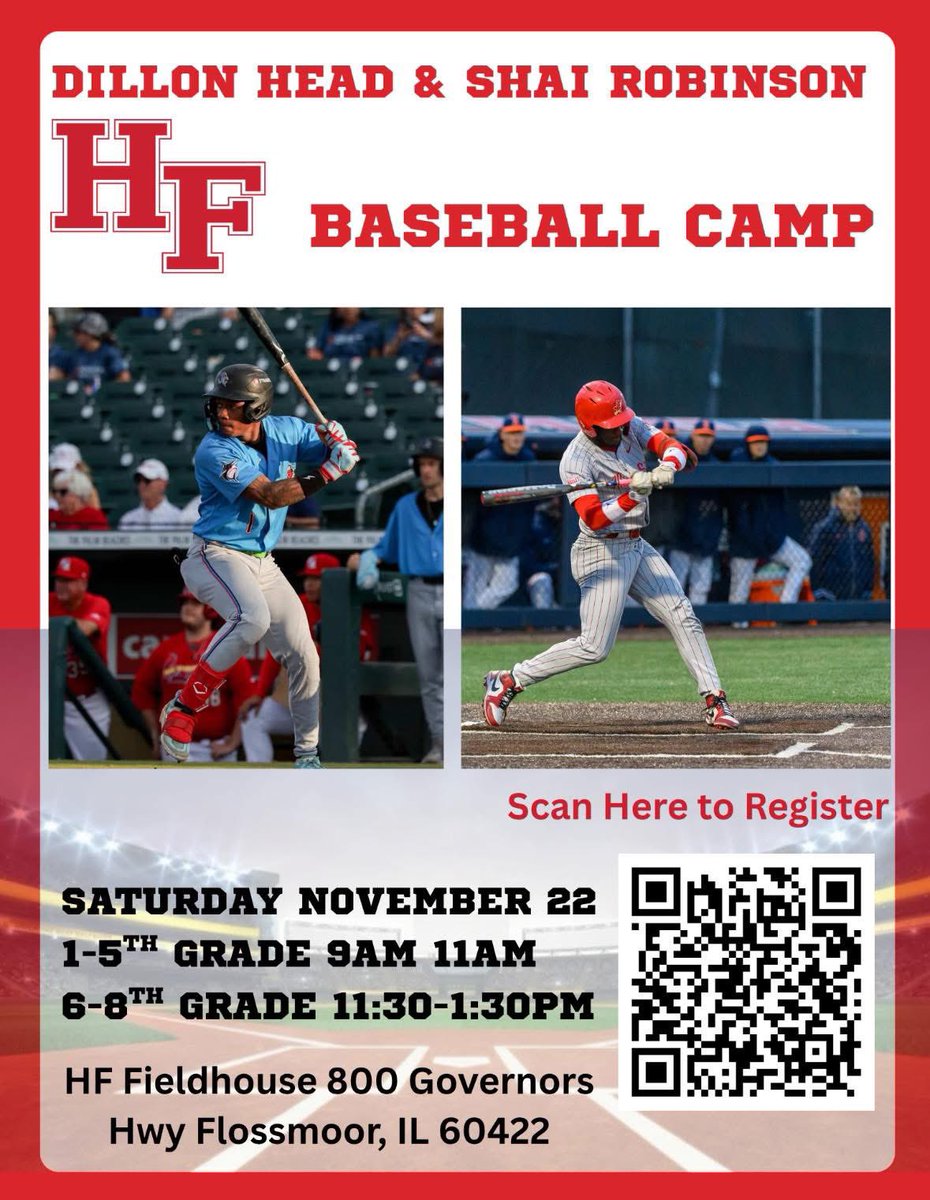 Homewood Flossmoor’s Dillon Head (Miami Marlins) and Shai Robinson (Minnesota Twins) are holding a baseball camp 1st - 8th grade. 

• Bring your athlete and support 

#MLB💪🏽🖤🔥 

<a href="/HFHSAthletics/">Homewood-Flossmoor</a> <a href="/HFHS_BASEBALL/">HF Viking Baseball</a> <a href="/DillonHead_/">Dillon Head</a> <a href="/ShaiRobinson6/">Shai Robinson</a>