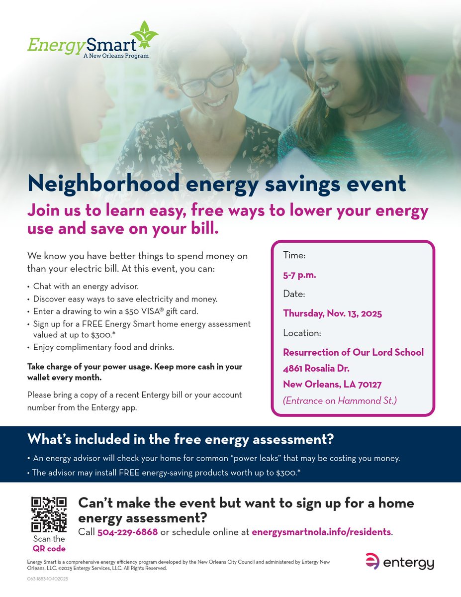 💡 Save energy. Save money.
Join Energy Smart at the Neighborhood Energy Savings Event to learn easy, free ways to lower your bill!

✅ Chat with an Energy Smart advisor
✅ Sign up for a FREE home energy assessment (worth up to $300)
✅ Enter to win a $50 VISA gift card
✅ Enjoy