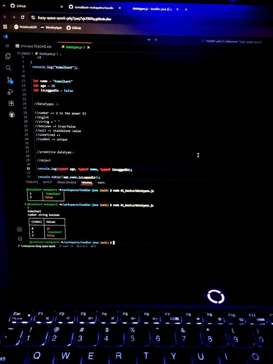 Komalkant_M's tweet image. Day : 4/30 Days of Code🚀
#30DaysOfCode #30DaysOfLearningJava

Watched the 4th Video of Java by chai aur code  @Hiteshdotcom @ChaiCodeHQ. Learnt what all datatypes are there in java and how to retrive which datatype is there in this line of code  and how to write code neatly .