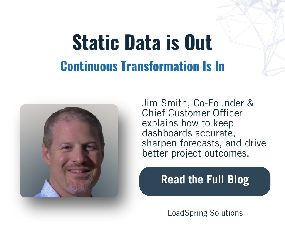 LoadSpring's tweet image. Old data warehouses can’t keep up with real-time project flow. Static models strain as nonstop data pours in from the field and cloud. Continuous transformation keeps dashboards accurate, forecasts sharp, and outcomes better. Read more: hubs.ly/Q03SPkT80