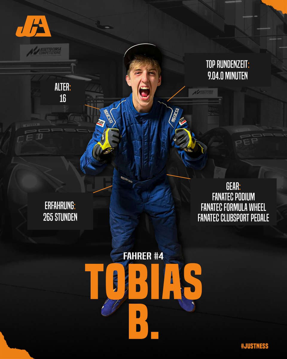 teamjusticede's tweet image. Heute stellen wir euch unseren vierten und letzten Fahrer für das 24h-Rennen am 15.11. vor!
Tobi ist mit 16 Jahren der zweite 16-Jährige im Team und bringt trotz 265 Spielstunden schon starkes Gefühl für Fahrzeug und Strecke mit.
