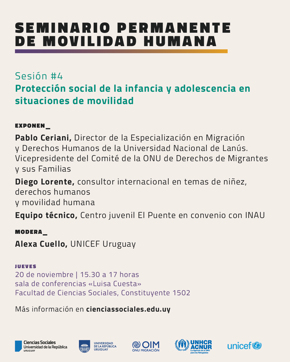 PPoblacion_uy's tweet photo. Les esperamos el 20 de noviembre 15.30h en
@fcsudelar con la 4ta  última sesión del ciclo 2025 del SEPEMH. Esta vez para conversar sobre "Protección social de la infancia y adolescencia en situaciones de movilidad"

Organizan @fcsudelar @UNICEFuruguay @ACNURConoSur @OimUruguay https://t.co/MKRJaPMiV0