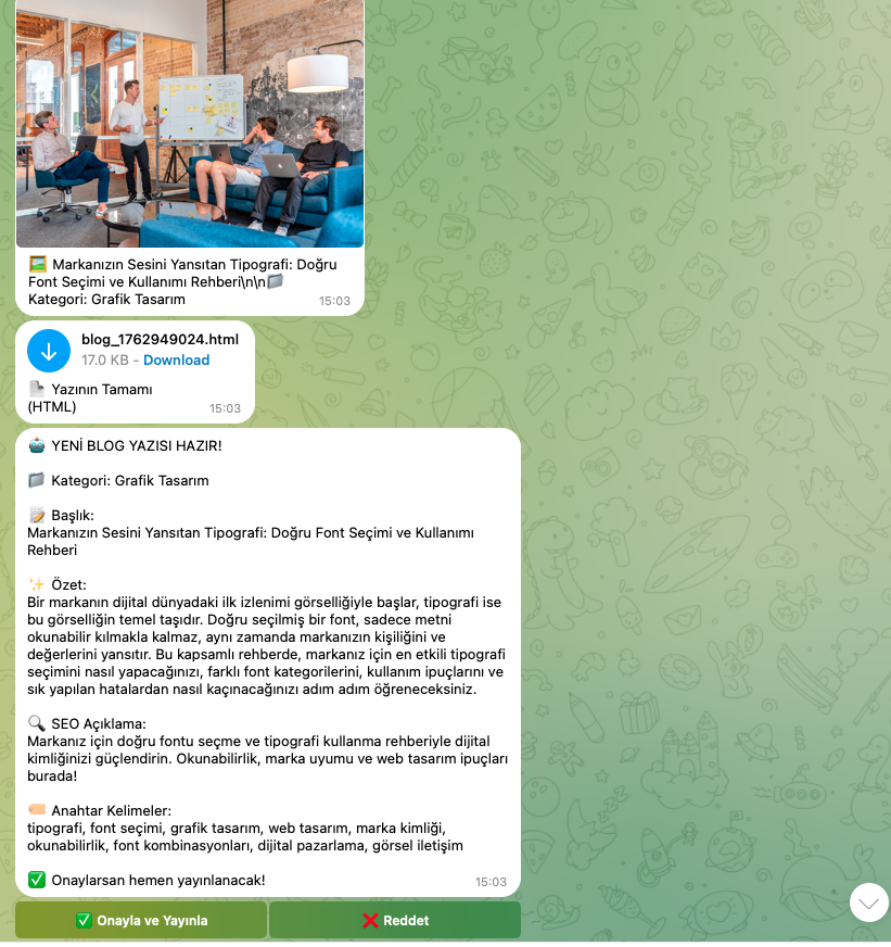 yapay zeka ile bir otomosyon yaptım markamın blogunu tarıyor önceden yazılan konulardan farklı bir konu belirleyip 600-800 kelime arası ilgili konu ile ilgili metni üretiyor meta verileri ve seo sunu ayarlayıp yazıya birde görsel buluyor.

sonra telegram botu aracılığıyla onayıma