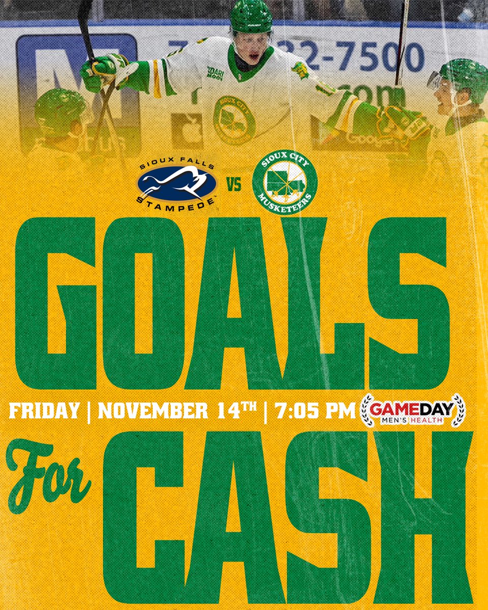 Musketeerhockey's tweet image. Want to win cash and cheer on the Muskies this Friday? Thanks to Gameday Men&apos;s Health (Dakota Dunes) every time we score a goal🚨on Friday, a lucky fan in the crowd wins $100 cash 💰

Get tickets now: bit.ly/4nR8mrw
#SCMusketeers | #USHL | #SiouxCity
