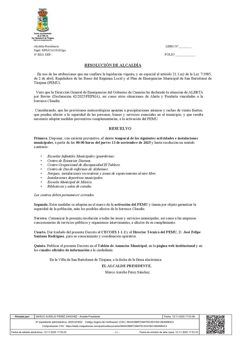 CIERRE TEMPORAL DE ACTIVIDADES E INSTALACIONES MUNICIPALES 
"Borrasca Claudia"
Más info.: buff.ly/Ma35UzA