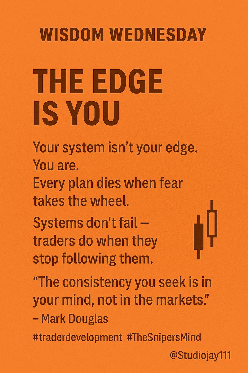StudioJay111's tweet image. Your system isn’t your edge.
You are.
Every plan dies when fear takes the wheel.
Systems don’t fail — traders do when they stop following them.
“The consistency you seek is in your mind, not in the markets.” — Mark Douglas
#traderdevelopment #TheSnipersMind @StudioJay111