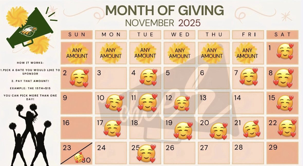 Please support NHS Cheer get to nationals in Florida. Pick a dot donate that amount. Anything over $20 you are entered into a $100 raffle. Cash app $trackstarlaila 🥰spots filled