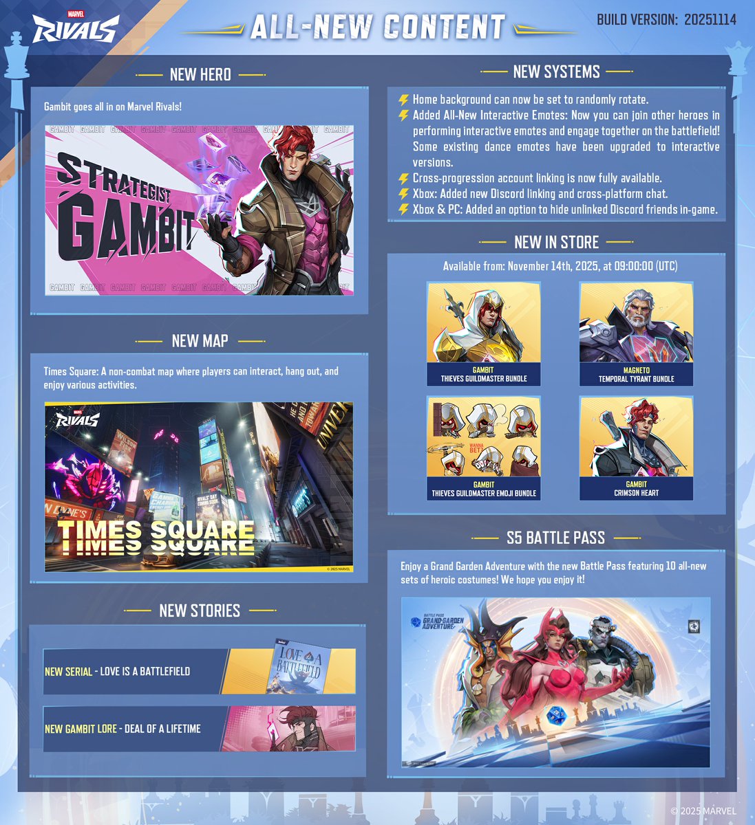 MarvelRivals's tweet image. ⚡A brand-new update arrives with Season 5 of Marvel Rivals!
Brand new content, heroes, costumes, and so much more - find out all the details here &amp;gt;&amp;gt; marvelrivals.com/gameupdate/202…

*Maintenance will begin on November 14 at 9 AM UTC and is expected to take approximately 2–3 hours.…