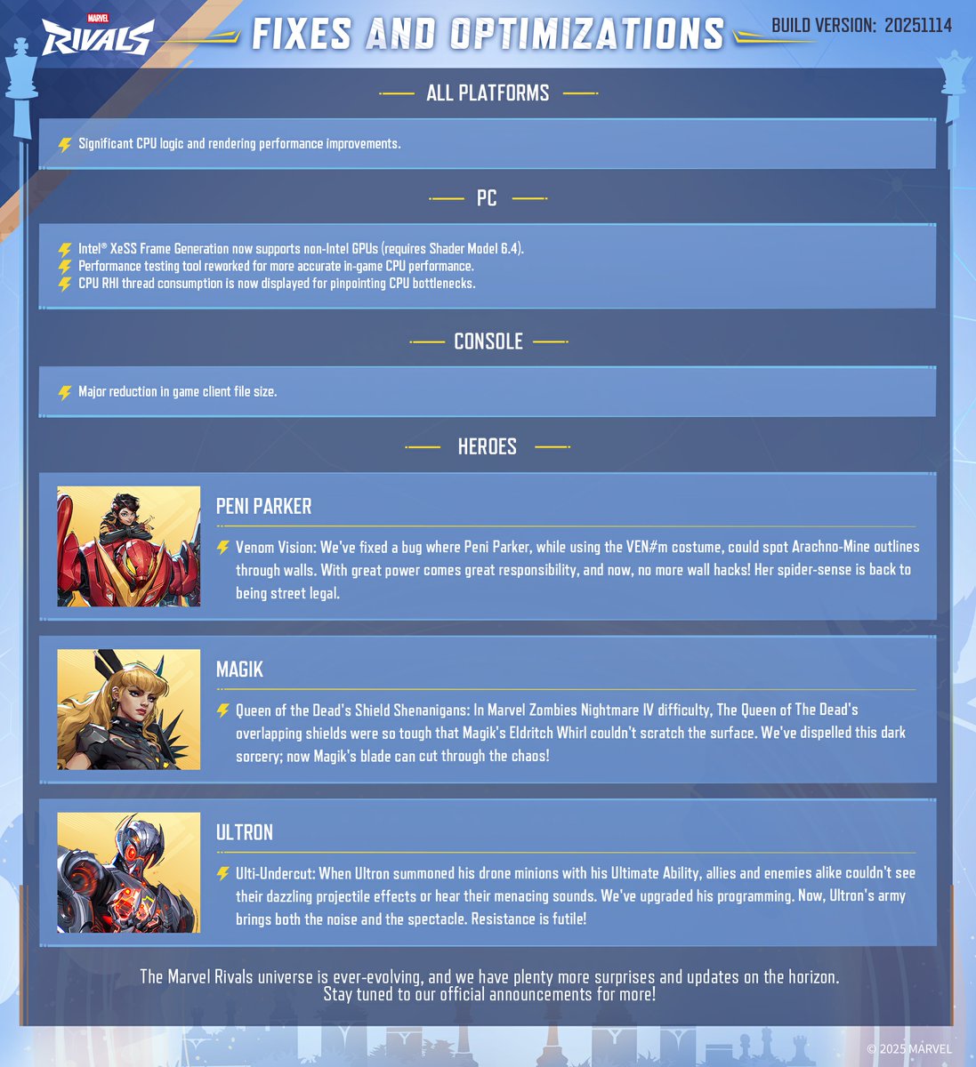 MarvelRivals's tweet image. ⚡A brand-new update arrives with Season 5 of Marvel Rivals!
Brand new content, heroes, costumes, and so much more - find out all the details here &amp;gt;&amp;gt; marvelrivals.com/gameupdate/202…

*Maintenance will begin on November 14 at 9 AM UTC and is expected to take approximately 2–3 hours.…