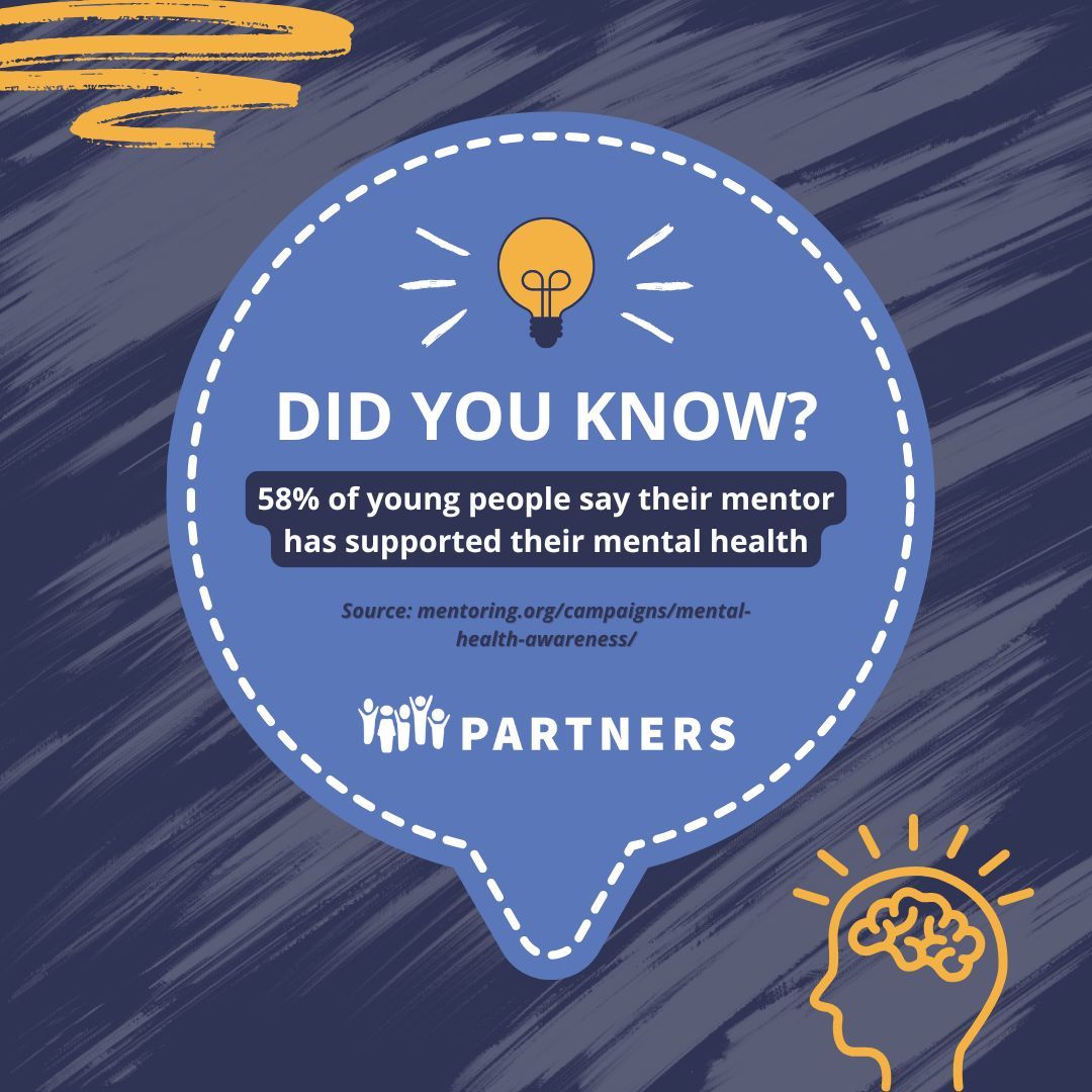 PartnersPowered's tweet image. Did you know? 💡🧠 According to Mentoring.org, 58% of young people say their mentor has supported their mental health. Our mentoring programs help youth gain interpersonal skills, confidence, and hope for the future. Learn more: poweredbypartners.org #funfactwednesday