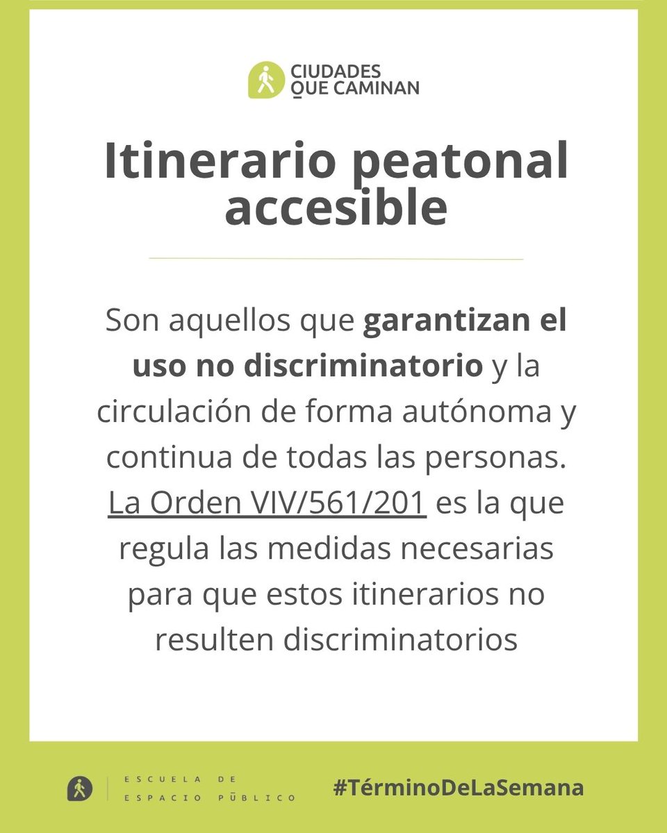 CiudadesCaminan's tweet image. 💬 #TérminoDeLaSemana | 🚶🏻👨🏻‍🦽‍➡️ Estos itinerarios garantizan el uso no discriminatorio y la circulación de forma autónoma y continua de todas las personas, al margen de su situación. #eep #EspacioPúblico