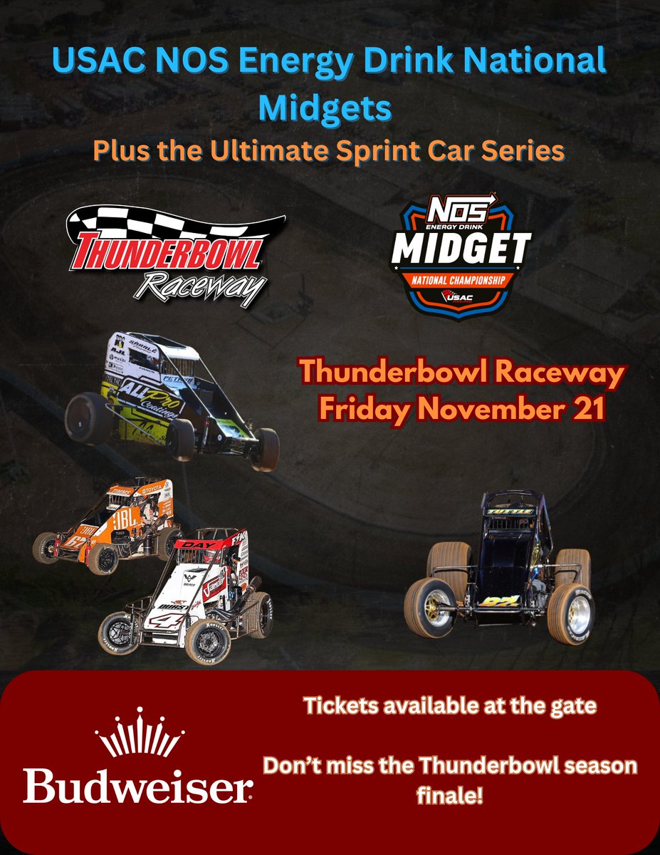 Next week Tulare Thunderbowl Raceway wraps up the season with the <a href="/USACNation/">USAC Racing</a> <a href="/NosEnergyDrink/">NOS Energy Drink</a> National Midgets and Ultimate Sprint Car Series.

Friday Night Lights at the Thunderbowl on November 21st. 

Tickets will be available at the gate.