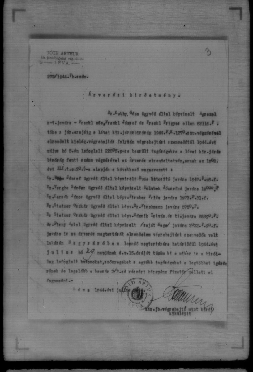 ArtRecoveryInit's tweet image. 🧾⚖️Court Bailiff Seeks Instruction from the Art-Seizure Czar — Frankl Auction Notice to Csánky (Léva/Levice, July 1944)
(Reel 143, slides 723–725 · Gov’t Commissioner file 165/1944 · Enforcement case 272/1944 Vh. — Léva = Levice, Slovakia today)

What the documents show:
•…