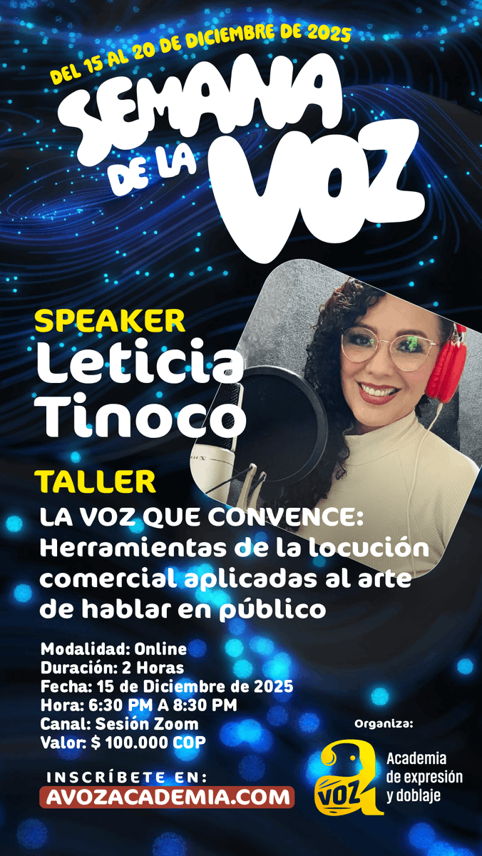 ¡Semana de la Voz A Voz 2025!
Leticia Tinoco 🇪🇨
Comunicadora, voiceover y speaker TEDx.
Experta en voz, lenguaje no verbal y locución comercial.
👉 Taller online: Lunes 15 DIC, 6:30–8:30 PM
“La voz que convence” – Semana de la Voz A Voz 2025
🔗 avozacademia.com/semana-voz-202…