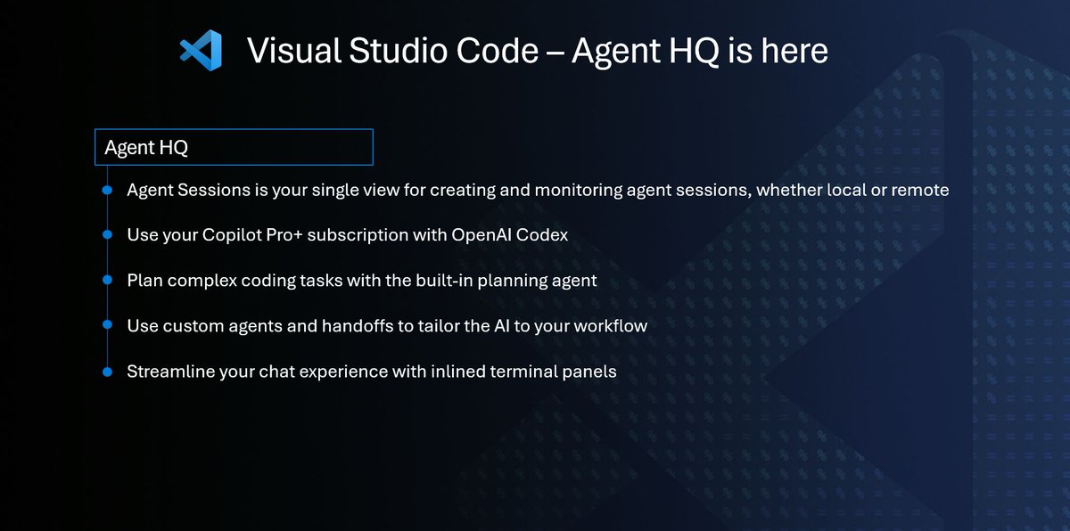 code's tweet image. Announcing Agent HQ in VS Code: a unified agent experience directly in the editor.

Here&apos;s what that looks like...🧵