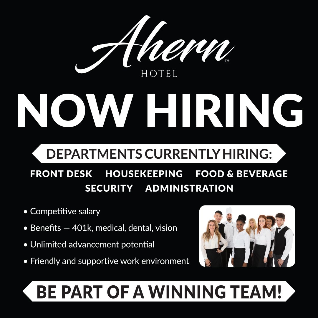 ahernhotel's tweet photo. Ahern Hotel has positions available in many different departments
and we’re always looking for positive, motivated people to fill them.

Click through to: https://t.co/BRL26GgCAx https://t.co/XABQV0cCtS