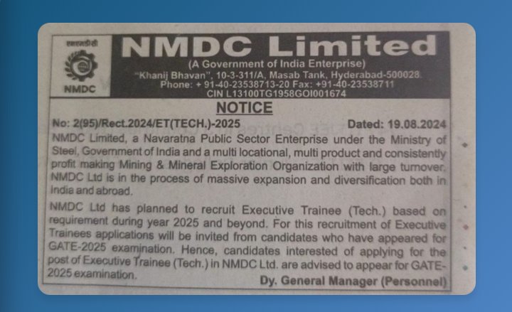Raghaav399954's tweet photo. NMDC ET recruitment via GATE 2024(No 2(90)/Rect 2023/ET(TECH)2024) AND GATE 2025(No. 2(95)/Rect.2024/ET(TECH)-2025)still pending Delay is hurting many aspirants and causing uncertainty.   Please Issue a detailed notification for the recruitment process 
@nmdclimited @CmdNmdc https://t.co/PUl1OmjQ29