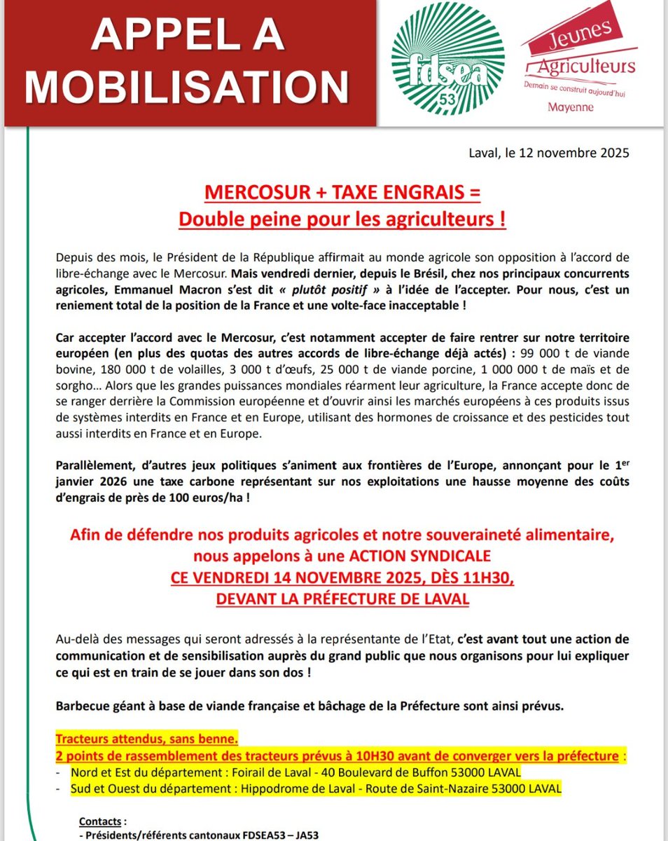 [#Syndical] 📢 Appel à mobilisation <a href="/fdsea53/">FDSEA53</a> <a href="/JEUNESAGRI53/">JAMAYENNE</a> 🐂🐔🐷🚜⤵️