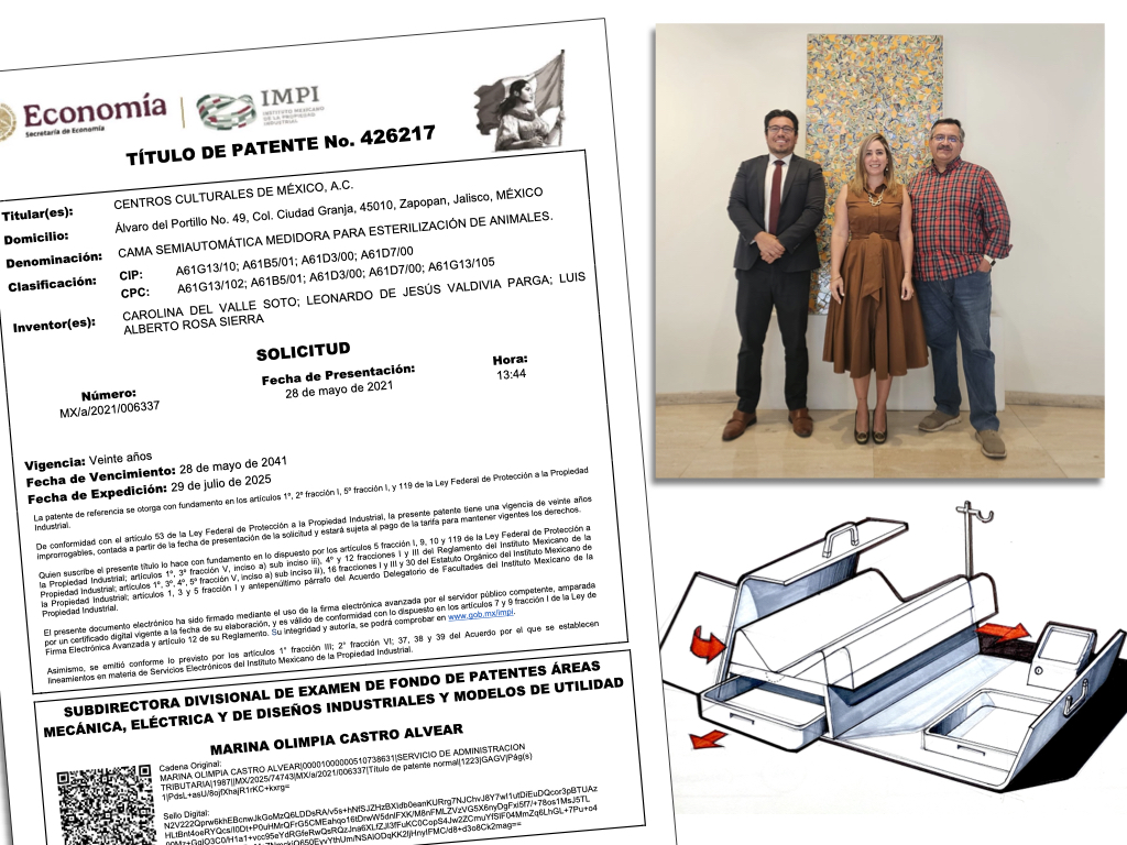 albertorossa's tweet photo. Con gran satisfacción hemos recibido el título de patente del equipo: "Cama semiautomática medidora para esterilización de animales". Creado en conjunto con un gran equipo conformado por la Dra Carolina del Valle y el Dr Leonardo Valdivia....

#UPGdl #InvestigacionUP #IID https://t.co/onUIGlLAQ3