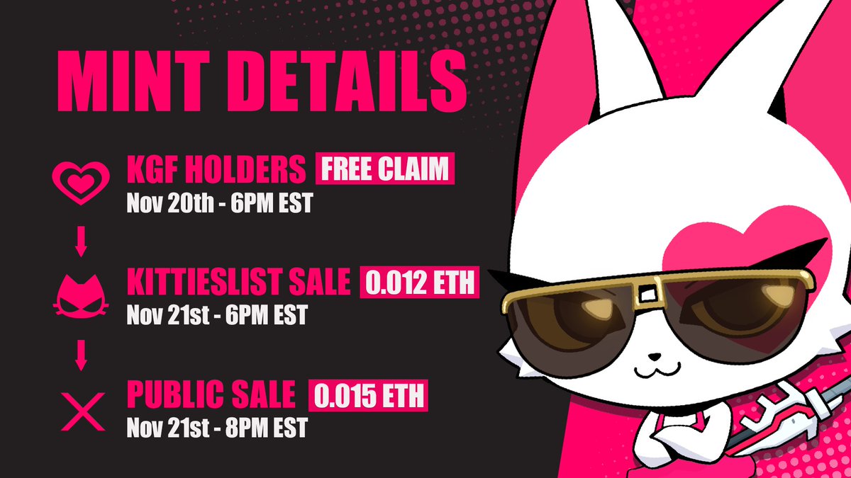 Killer Kitties are arriving next week on @OpenSea! Don't miss the important times in this graphic 🕕

⚠️ KGF Holders, FCFS claim starts on Nov 20th @ 6pm ET, don't miss it!
🎨 Art Reveal on Nov 23rd @ 8PM ET

Drop page link below 👇