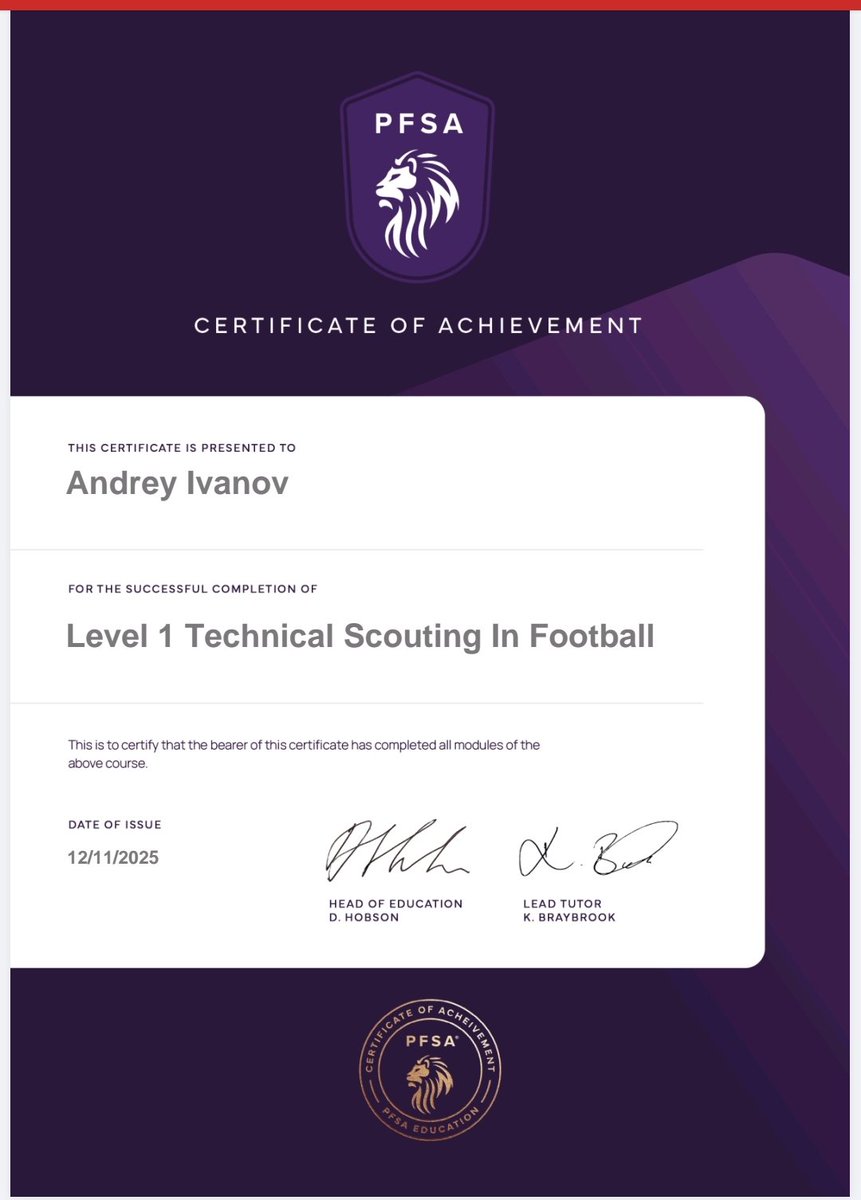 andytalktv's tweet image. Proud to announce that I’ve completed PFSA Level 1 – Technical Scouting in Football.
This is my fourth PFSA certificate this year — step by step growing as an analyst.
#PFSA #TechnicalScouting #FootballAnalysis #Andytalk