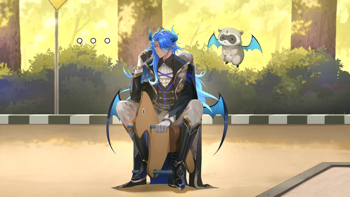 Art of AngryDemonNoises Model 2.0 with very long blue celestial hair, icey horns, and vampiric wings sprouting from the hips. In regal attire and sitting on a playground pony. Raccoon bat friend flying nearby and phone in hand. Art by @qbei35 based on a Kagurabachi manga panel, iykyk
