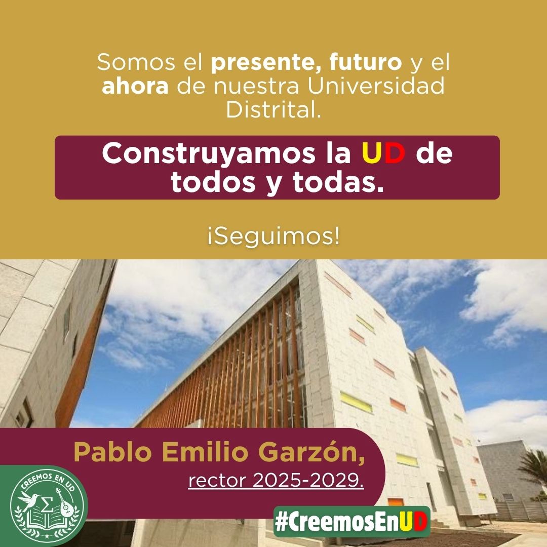 Entre todos y todas construimos una mejor UD. 

Juntas y juntos para que  nuestra Alma Mater sea referente en innovación, investigación y calidad educativa.

Somos #CreemosEnUD. Por una Universidad que avanza, lidera y nos integra. 

pabloegarzon.com