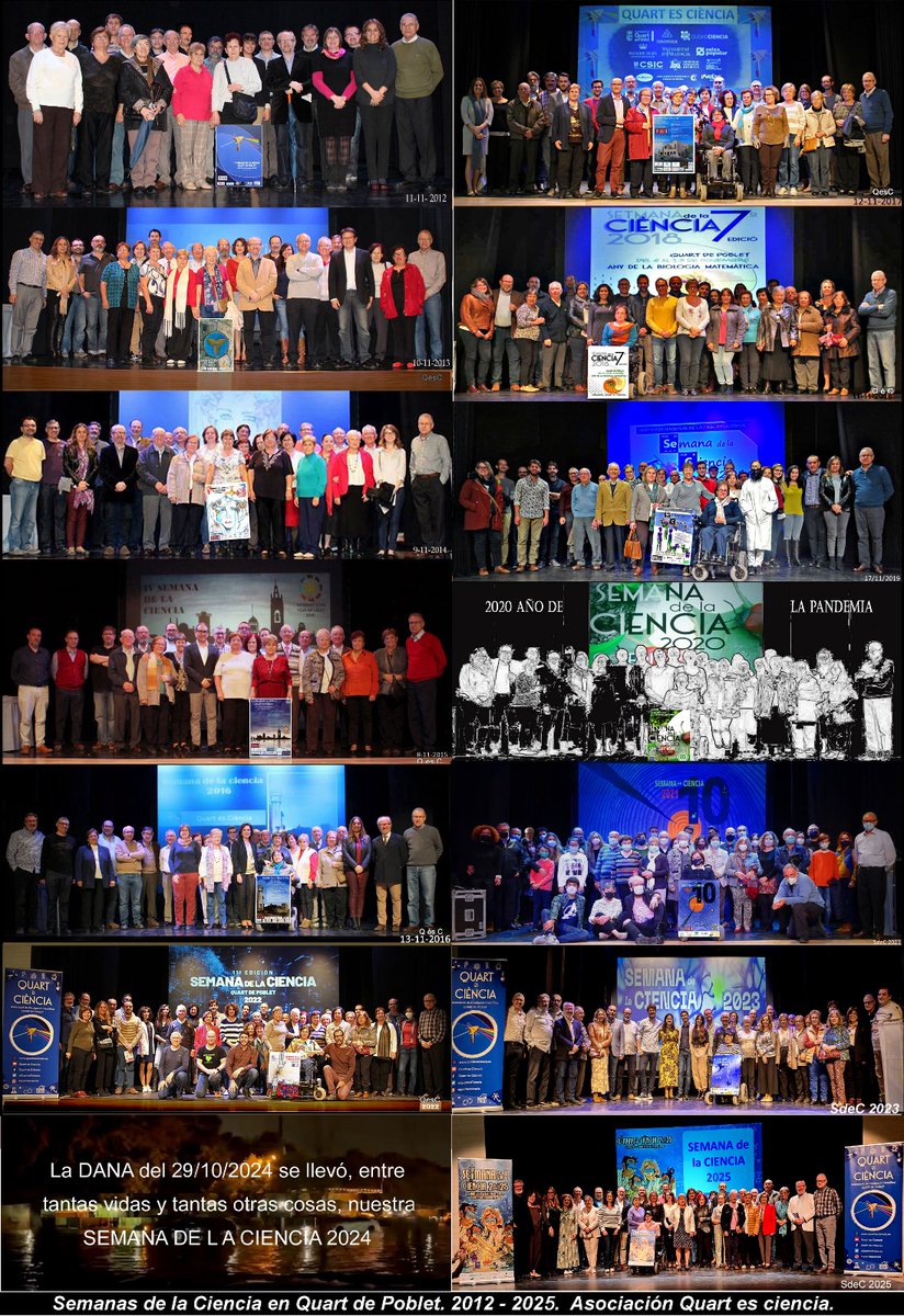 Foto de familia de los socios y socias de Quart és Ciència, a lo largo de las 14 ediciones de nuestra Semana de la Ciencia (2012-2025). #QesC2025