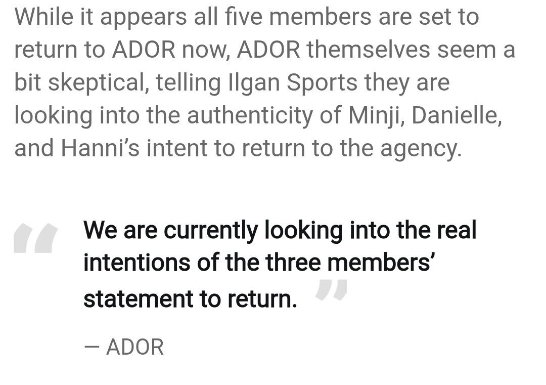 ADOR was in court begging all 5 girls to return, Kim Ju-young even gave a sob story at the NA to win them back. Now they think they can pick and choose who to accept? You begged for them. Now deal with it, <a href="/alldoorsoneroom/">ADOR</a>.