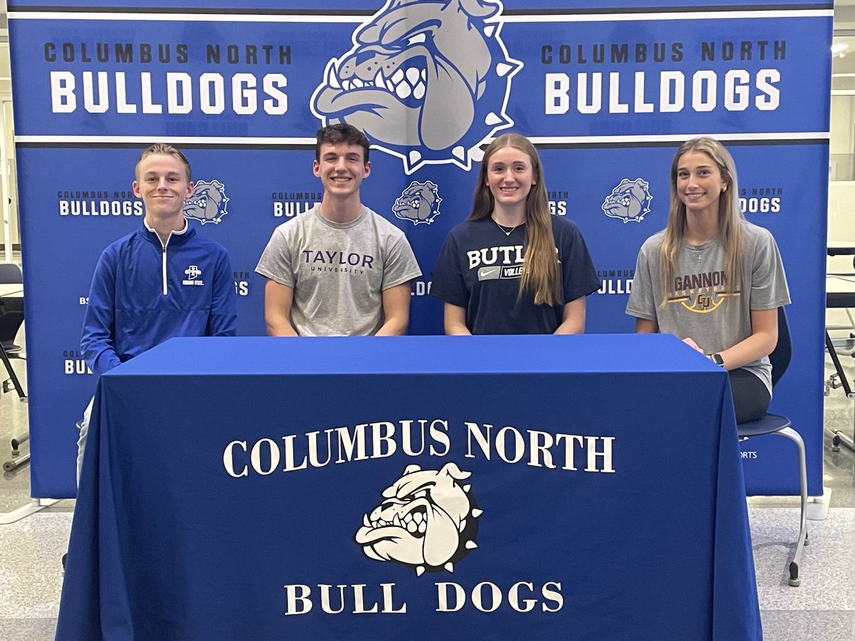 BulldogsCN's tweet photo. Congratulations to these Bull Dogs who participated in our first collegiate signing ceremony for the Class of 2026
L to R: Denton Sluder (XC/T&amp;F) Indiana State, Caleb Ferguson (MBB) Taylor, Karen Dutro (VB) Butler, Miley McClellan (WBB) Gannon University https://t.co/4IEMOwOCcM