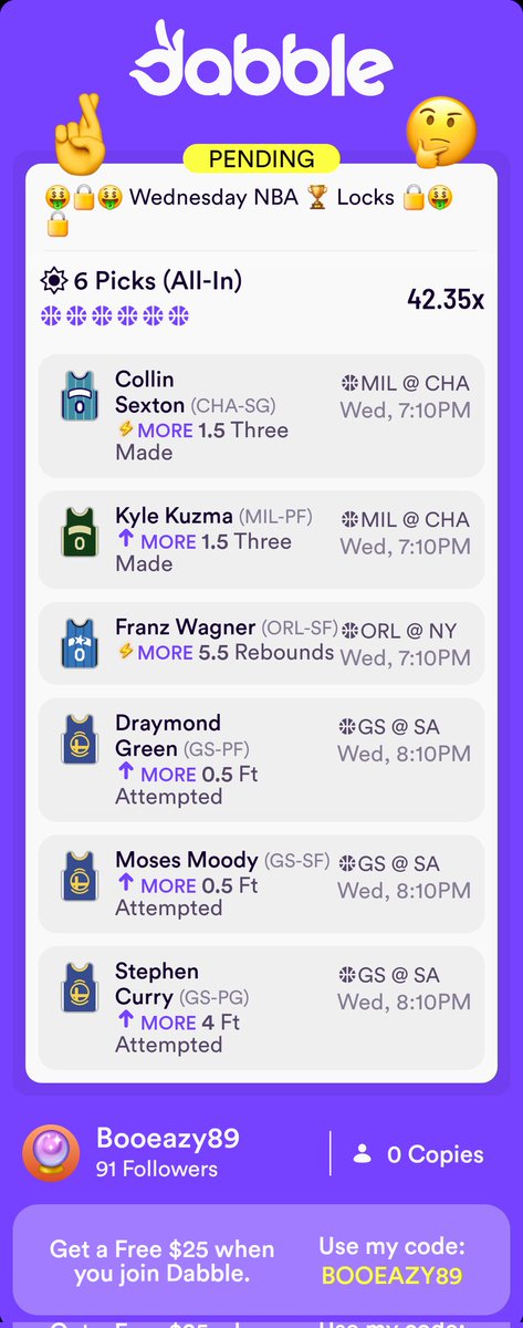 BooEasy's tweet image. Sharing is caring so here's an entry I placed on Dabble that you can copy!👌🥰💥🤞
click.dabble.com/ugiS/qoyl09gc
#NBA
#nbacup
#bet
#win
#Curry
#Warriors
#Hornets
#Bucks
#magic