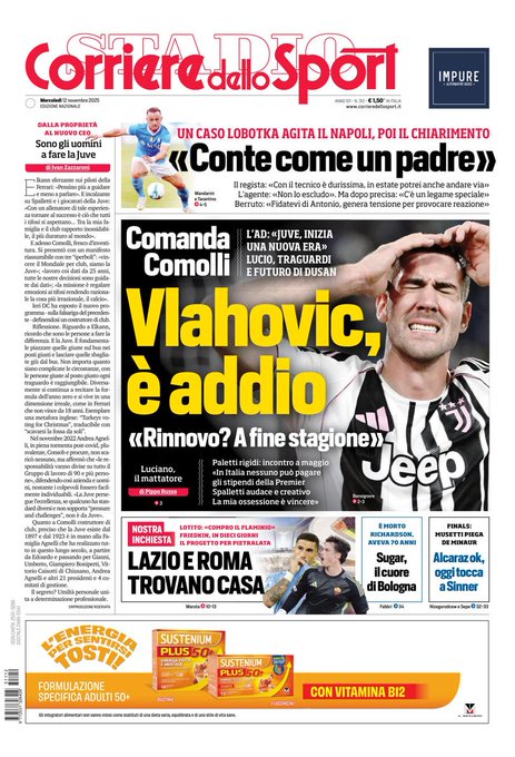Front Page Corriere dello Sport, Wednesday 12 November 2025