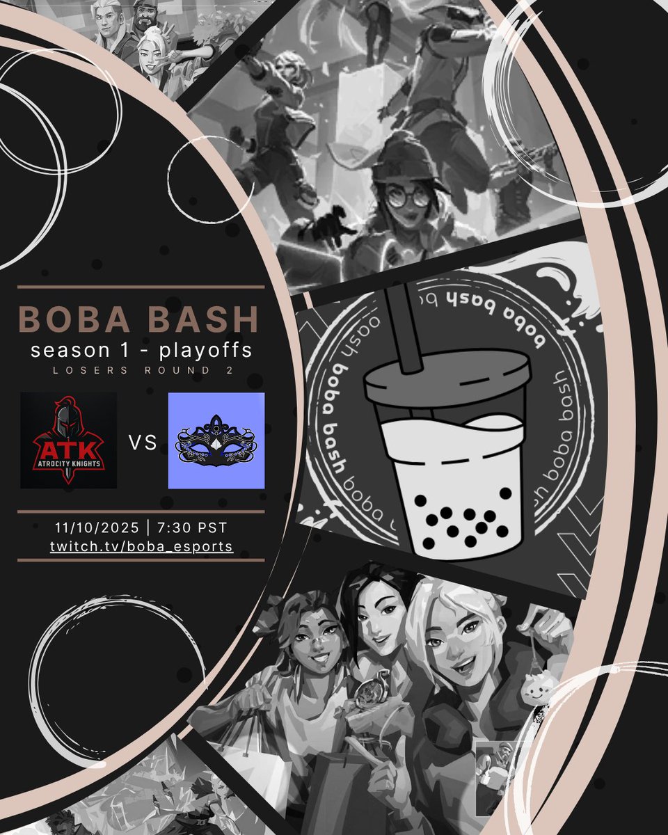 2 teams will be eliminated TONIGHT. who will continue their fight in BOBA BASH?
- 4pm PST | <a href="/RosoideaeGG/">ROSO</a> | ROSO CORE vs ROSO RPX
- 730pm PST | <a href="/MVSKEsports/">MVSK Esports</a> Wild Cards vs Atrocity Knights
find out on our twitch: twitch.tv/boba_esports

#letsbrewit #bashers #boba #val #playoffs