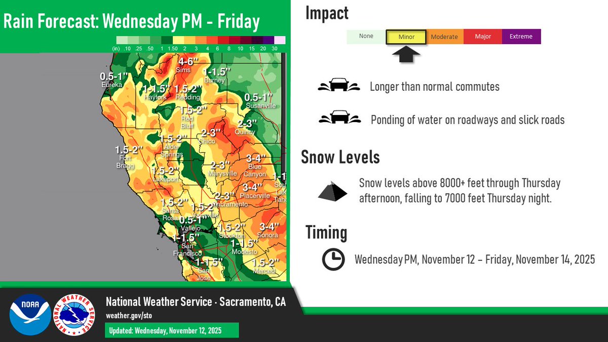 Here's a look at the latest forecast rain and snow amounts for this incoming storm system. For the latest forecast, head to weather.gov/sto #CAwx
