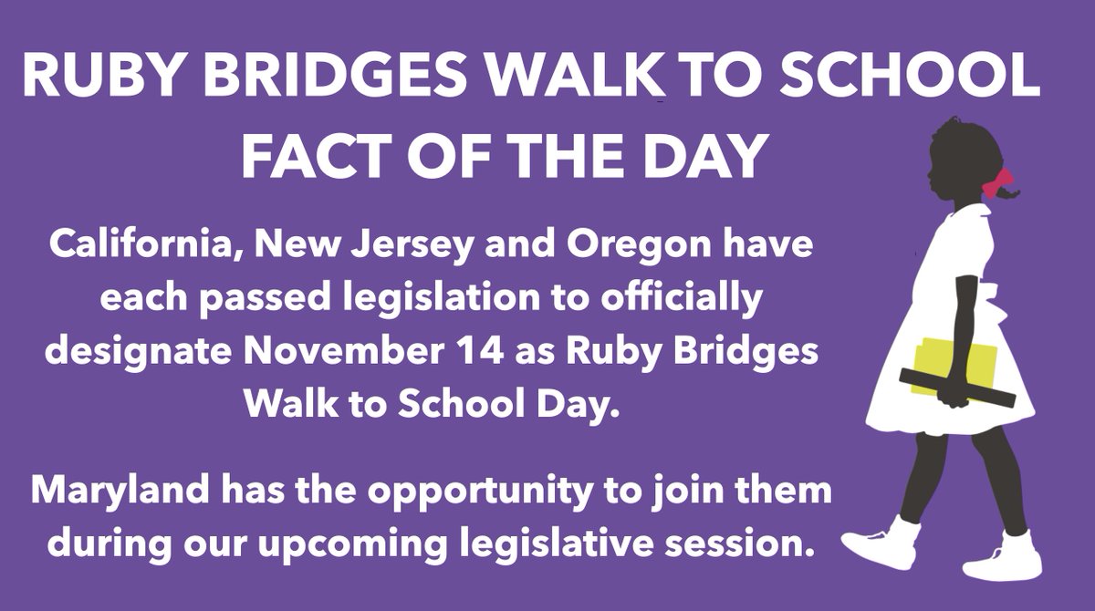 MDWalksForRuby's tweet image. Did you know that Ruby Bridges Walk to School Day legislation overwhelmingly passed the House of Delegates with 130 votes during the last legislative session?

Thank you to Delegate @DianaMFennell for her leadership as primary House sponsor.

#MDWalksForRuby