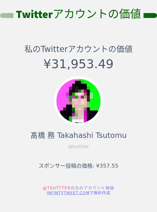 私のTwitterの価値は : ¥31,953.49

➡️ infintytweet.me/account-worth?…